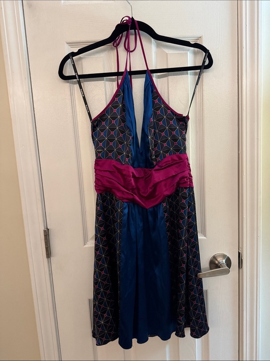 bebe Dresses & Skirts - BEBE Y2k Silk Blend Satin Halter Dress Geometric Print Size Medium